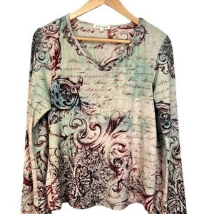 Xcit USA Baroque Script Scroll Print‎ Long Sleeve V Neck Top Boho Y2K Large